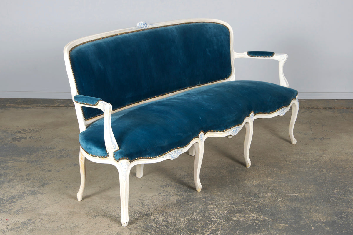 French Louis XV Style Painted Settee in Blue Velvet