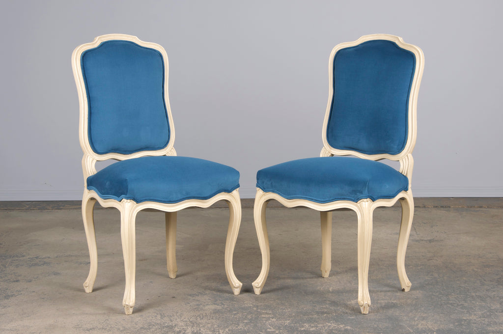 French Louis XV Style Painted Dining Chairs W/ Blue Velvet - Set of 6
