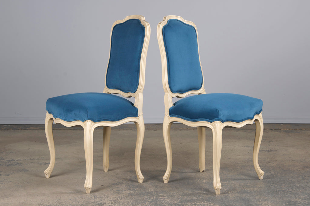 French Louis XV Style Painted Dining Chairs W/ Blue Velvet - Set of 6