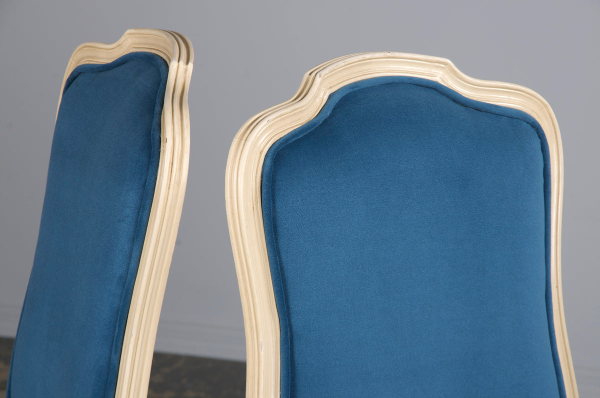 French Louis XV Style Painted Dining Chairs W/ Blue Velvet - Set of 6