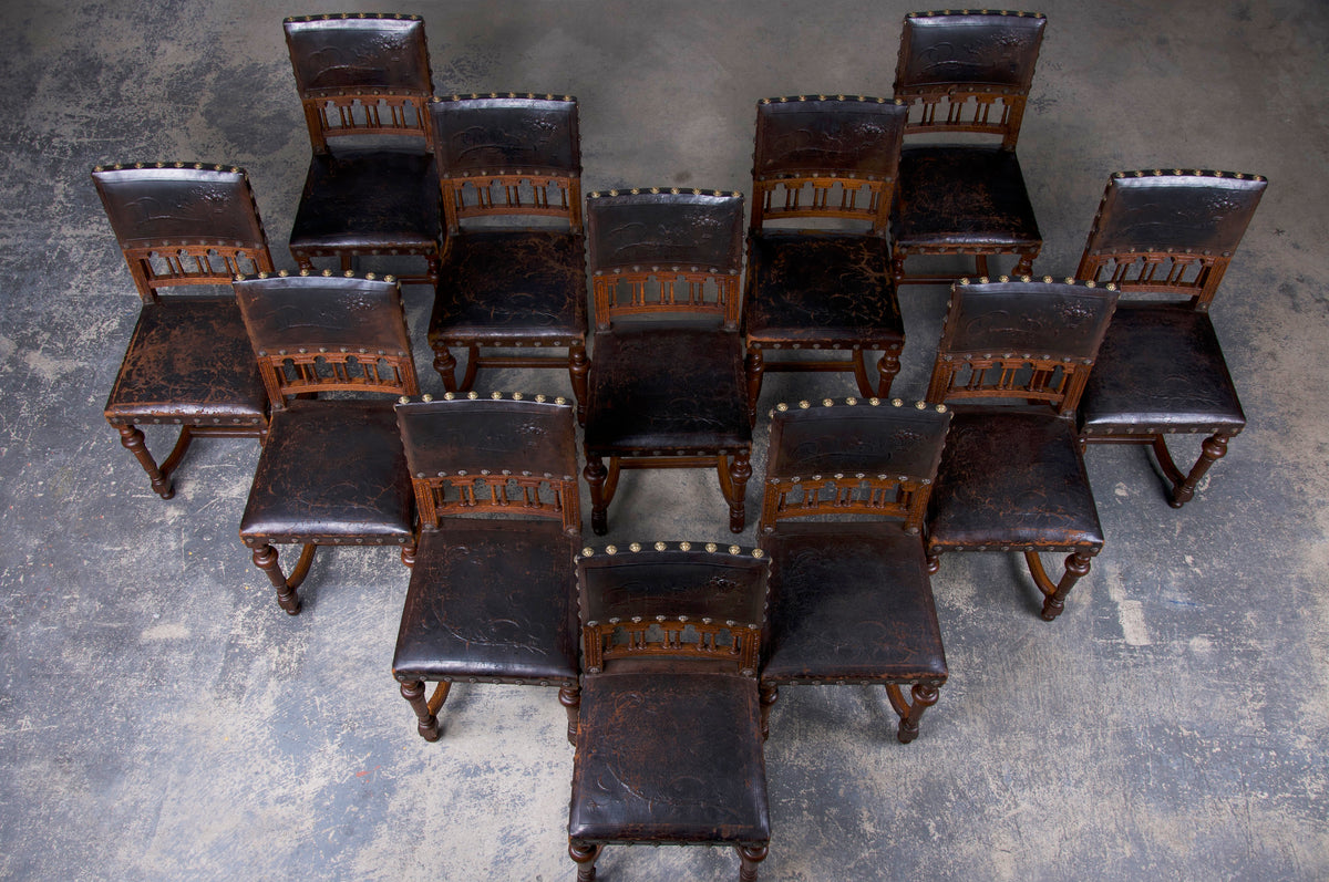 19th Century French Henry II Style Oak Dining Chairs W/ Original Leather - Set of 12