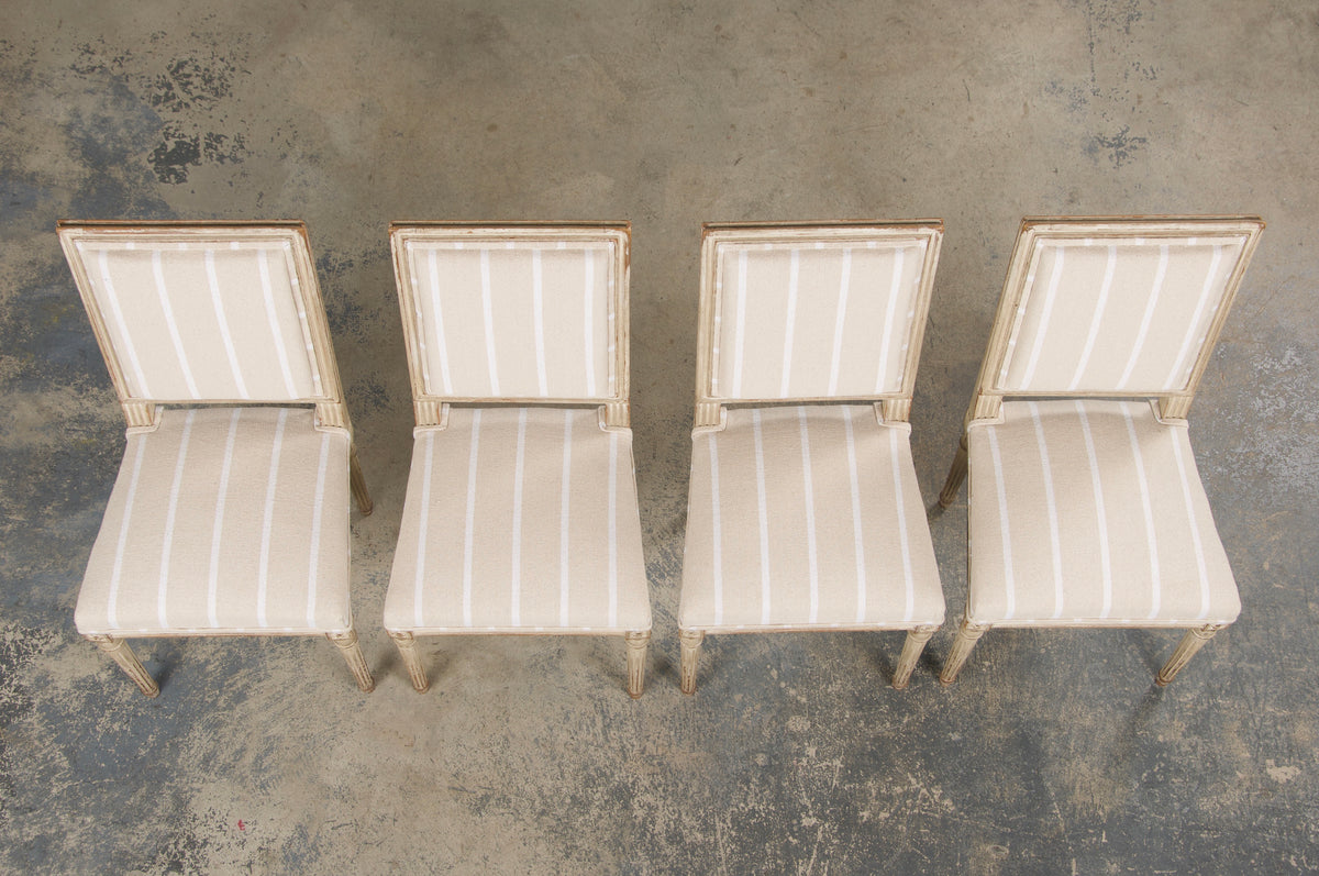 19th Century French Louis XVI Style Square Back Painted Dining Chairs W/ Off-White Stripe - Set of 4