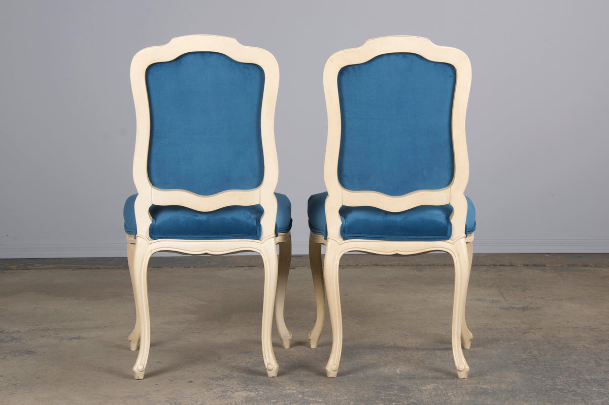 French Louis XV Style Painted Dining Chairs W/ Blue Velvet - Set of 6