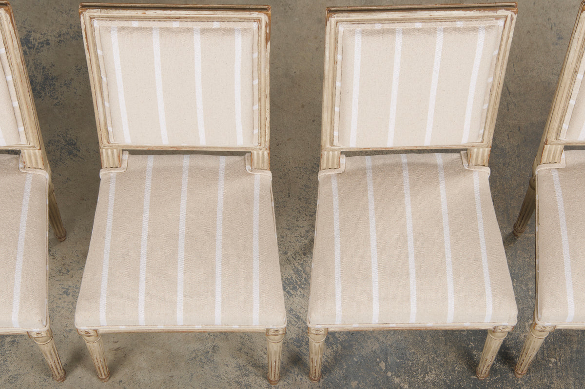 19th Century French Louis XVI Style Square Back Painted Dining Chairs W/ Off-White Stripe - Set of 4