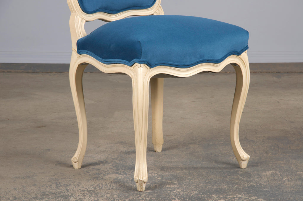French Louis XV Style Painted Dining Chairs W/ Blue Velvet - Set of 6