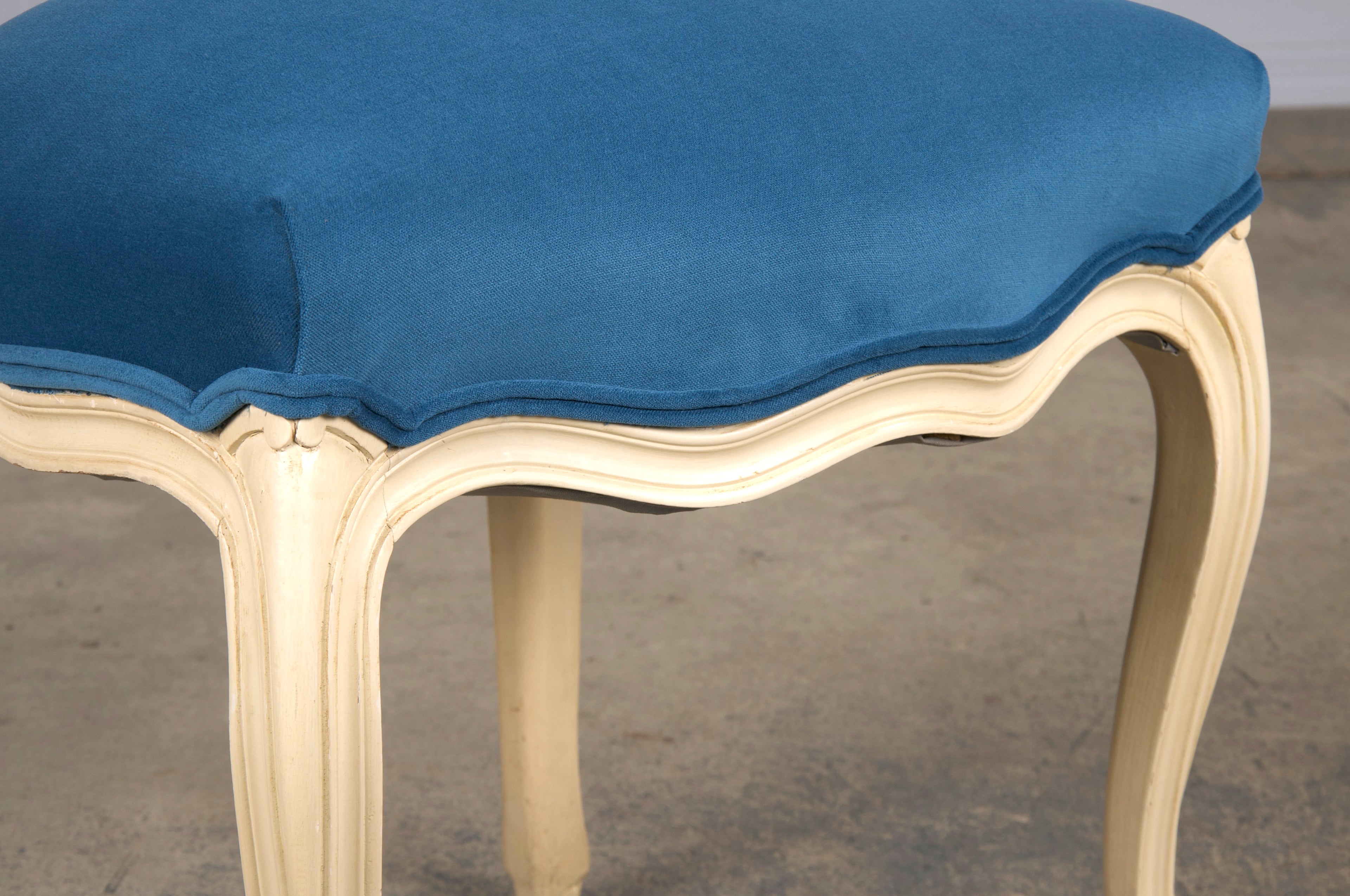 French Louis XV Style Painted Dining Chairs W/ Blue Velvet - Set of 6