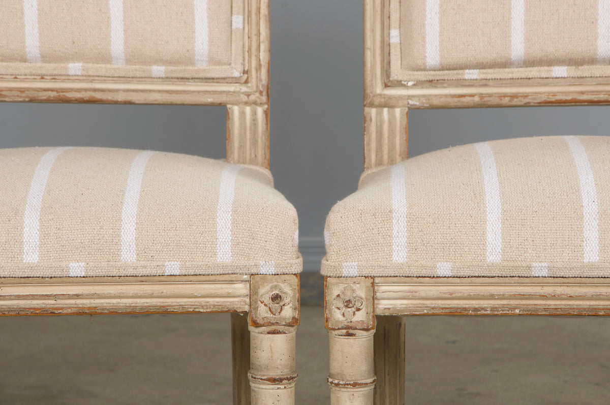 19th Century French Louis XVI Style Square Back Painted Dining Chairs W/ Off-White Stripe - Set of 4