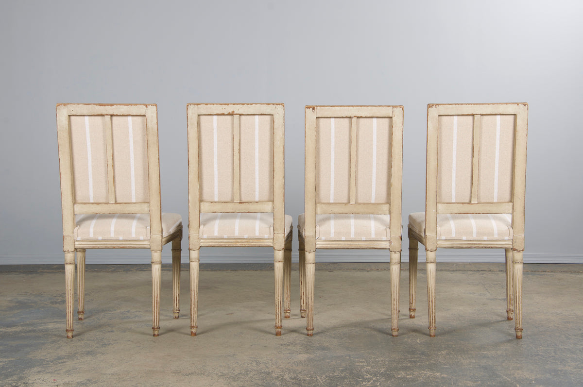 19th Century French Louis XVI Style Square Back Painted Dining Chairs W/ Off-White Stripe - Set of 4