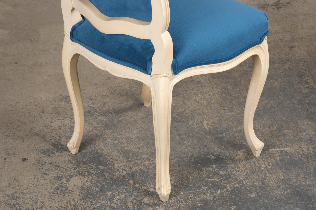 French Louis XV Style Painted Dining Chairs W/ Blue Velvet - Set of 6