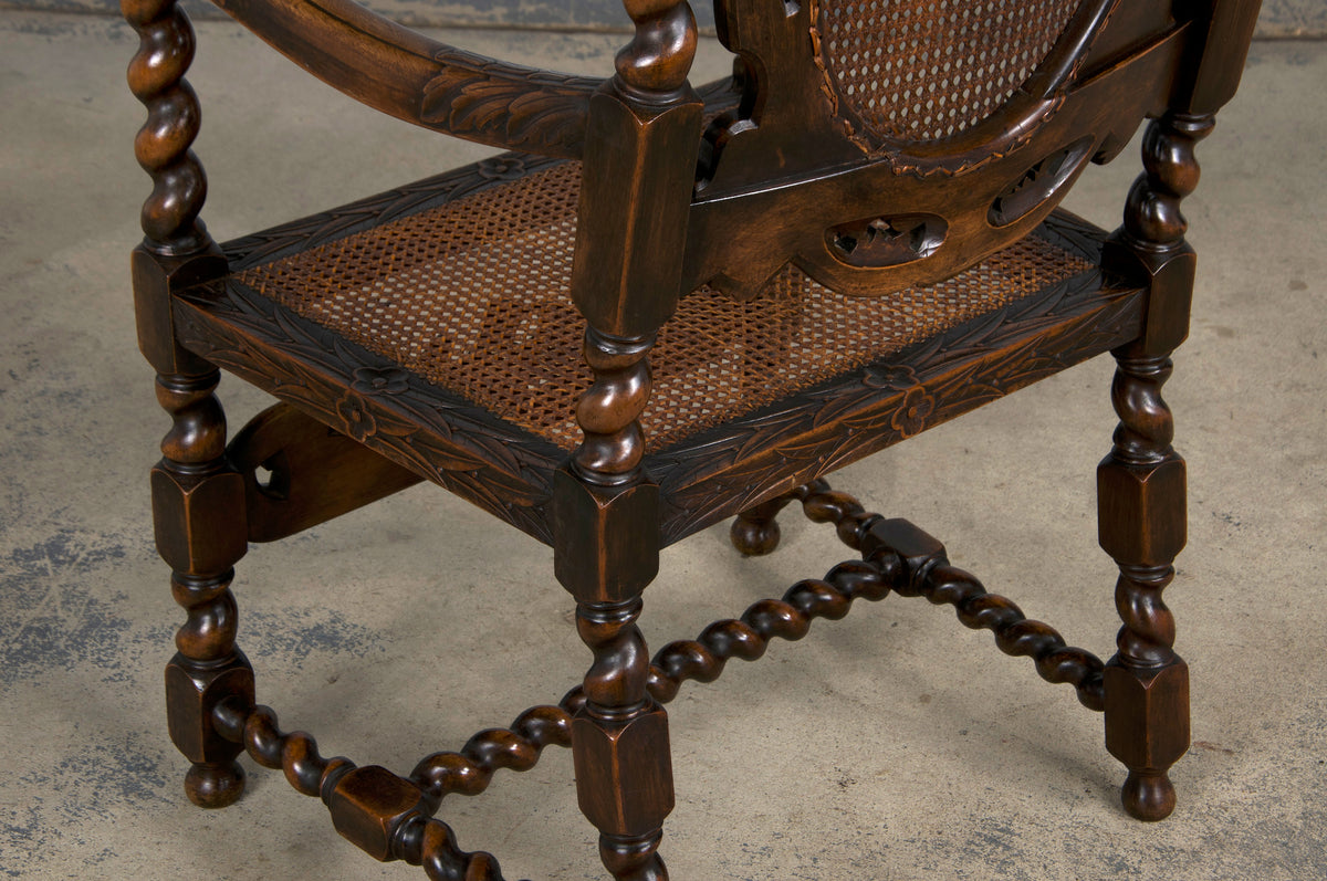 19th Century Jacobean Renaissance Style Walnut and Cane Carved Dining Chairs - Set of 8