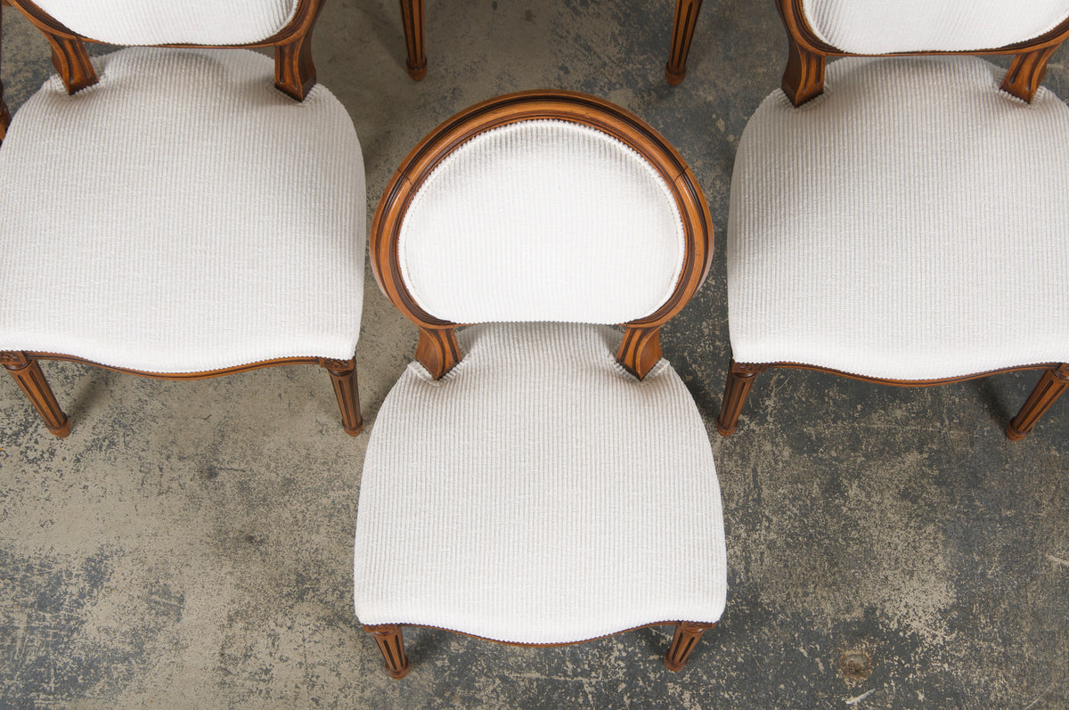French Louis XVI Style Maple Dining Chairs in White Chenille - Set of 6