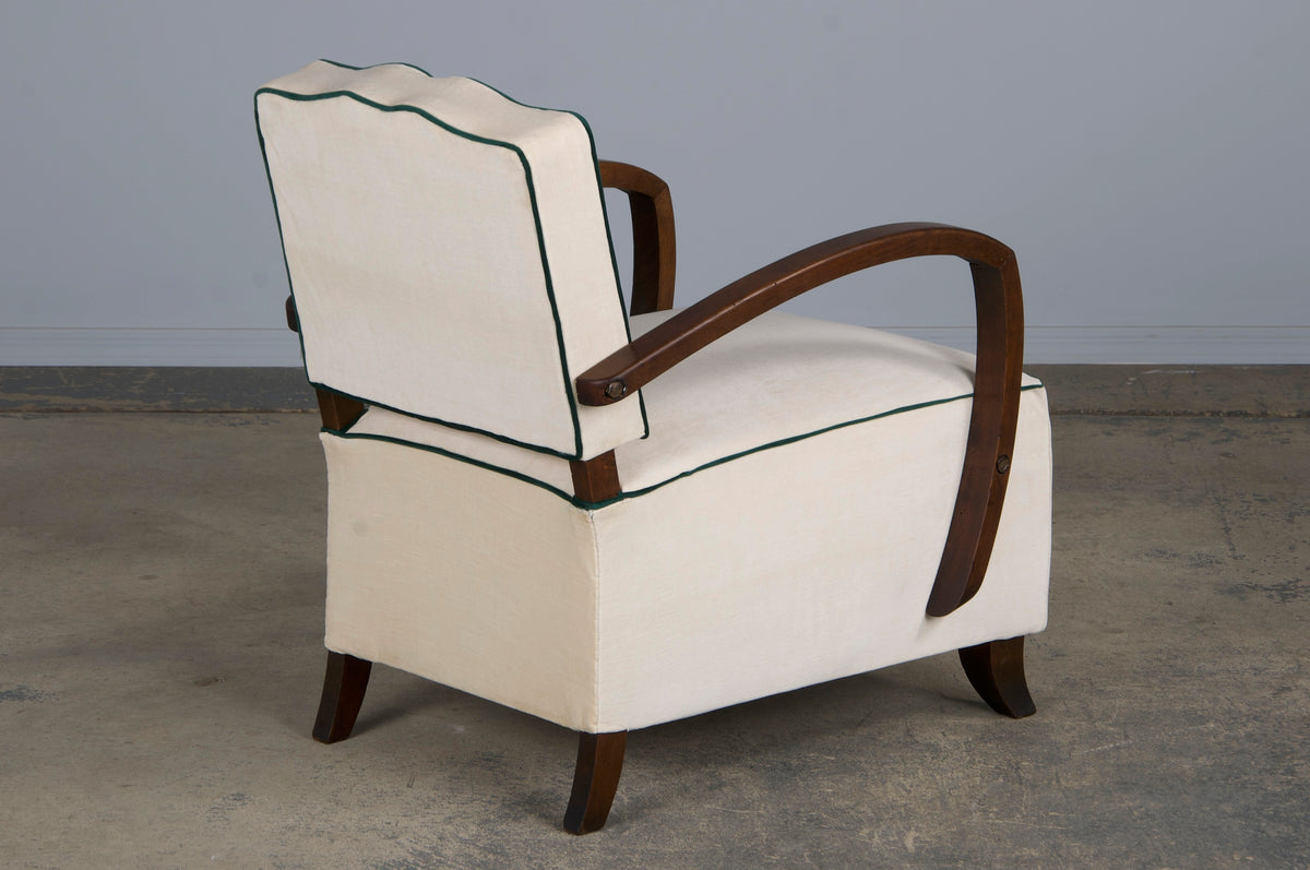 1930s French Art Deco Bridge Arms Maple Club Chair W/ Cream Velvet