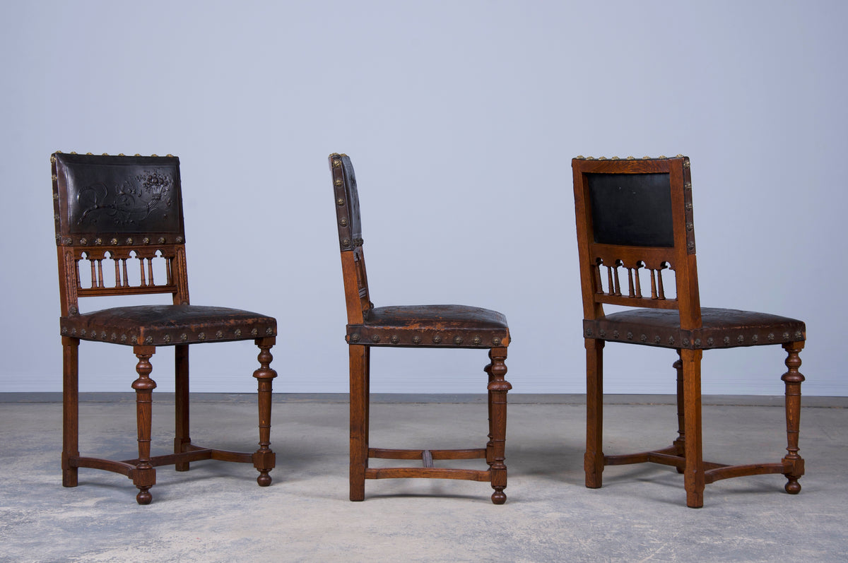 19th Century French Henry II Style Oak Dining Chairs W/ Original Leather - Set of 12