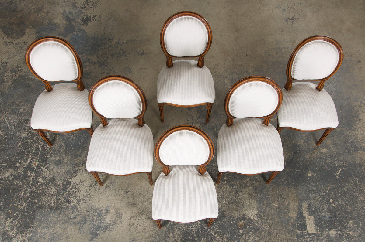 French Louis XVI Style Maple Dining Chairs in White Chenille - Set of 6