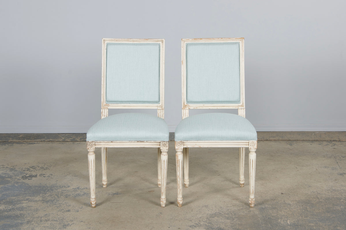 Antique French Louis XVI Painted Accent Chairs in Light Blue - A Pair