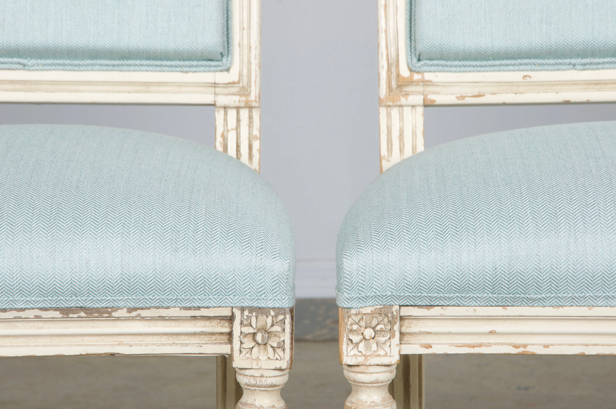 Antique French Louis XVI Painted Accent Chairs in Light Blue - A Pair