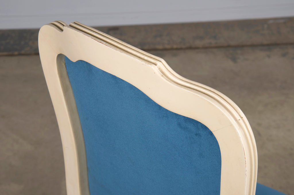 French Louis XV Style Painted Dining Chairs W/ Blue Velvet - Set of 6
