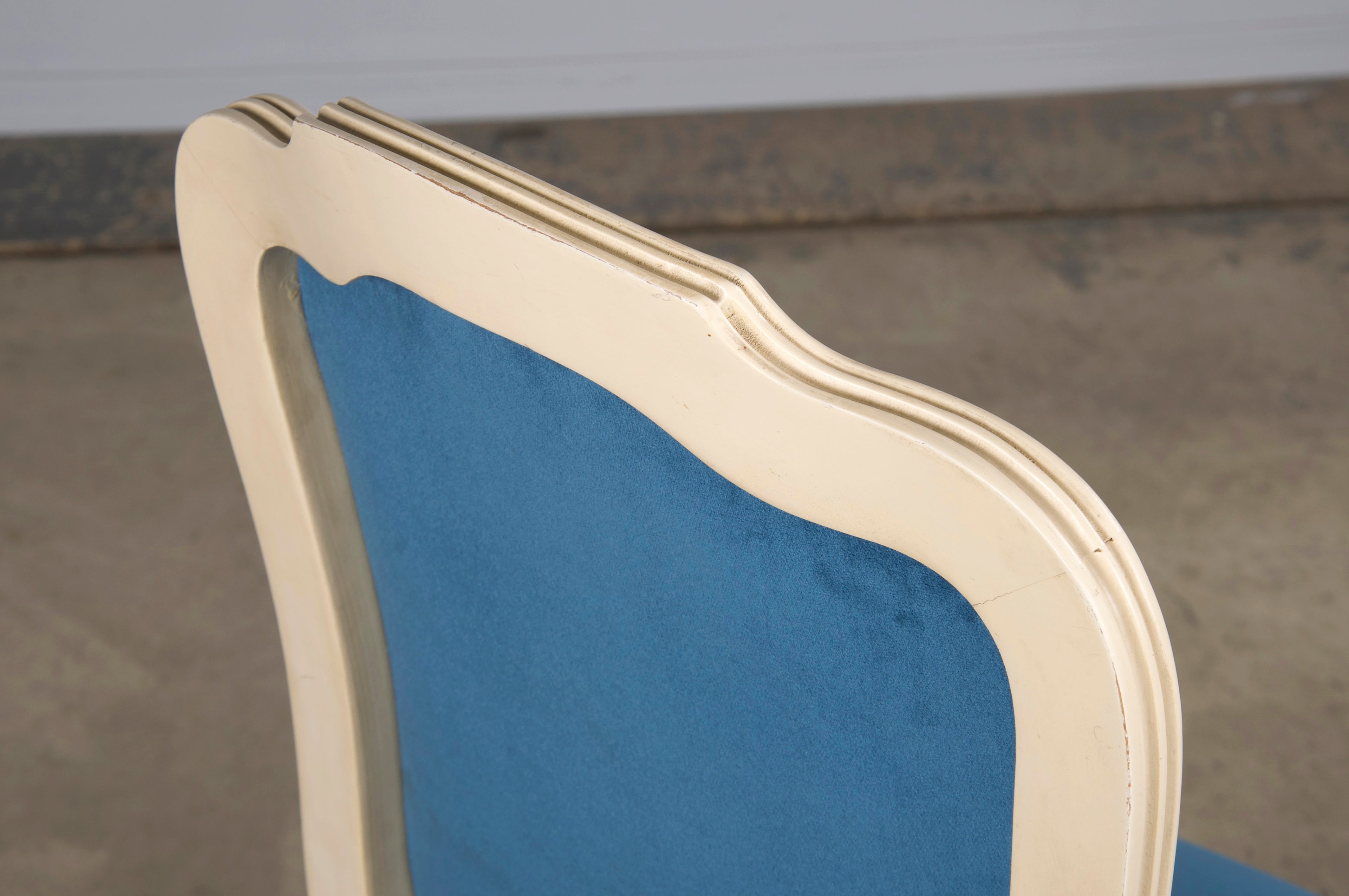 French Louis XV Style Painted Dining Chairs W/ Blue Velvet - Set of 6