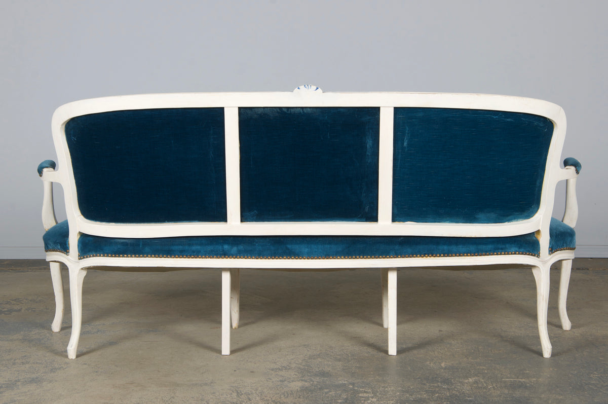 French Louis XV Style Painted Settee in Blue Velvet