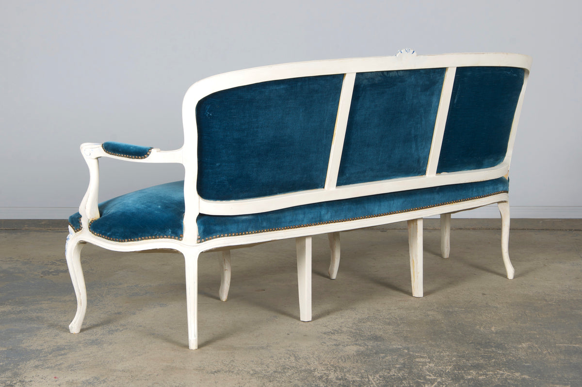 French Louis XV Style Painted Settee in Blue Velvet