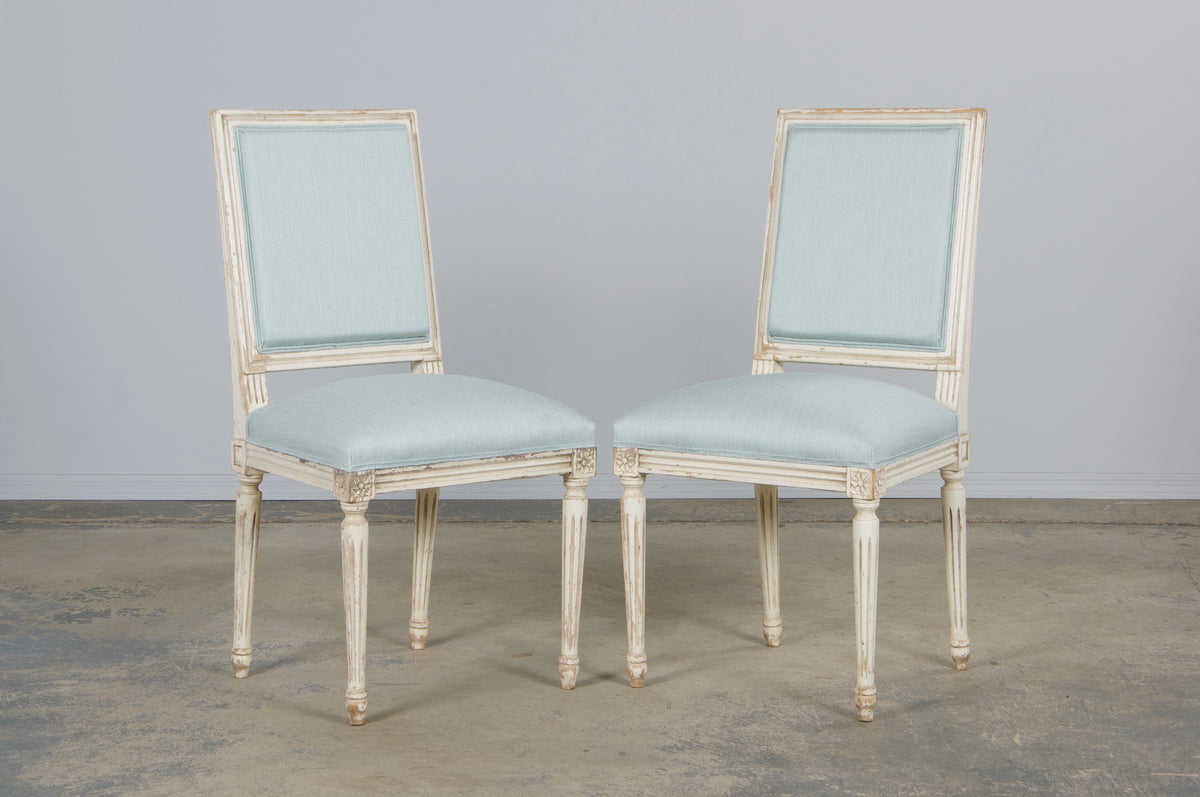 Antique French Louis XVI Painted Accent Chairs in Light Blue - A Pair