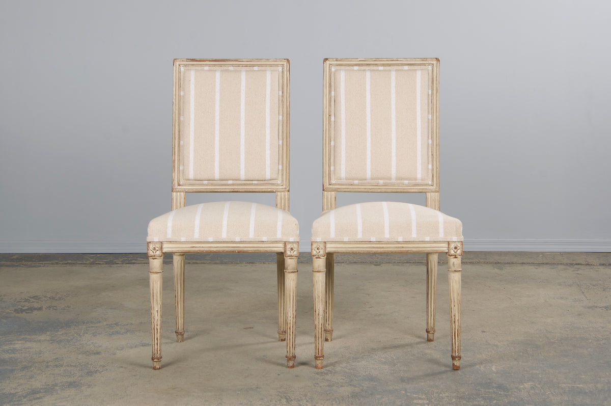 19th Century French Louis XVI Style Square Back Painted Dining Chairs W/ Off-White Stripe - Set of 4