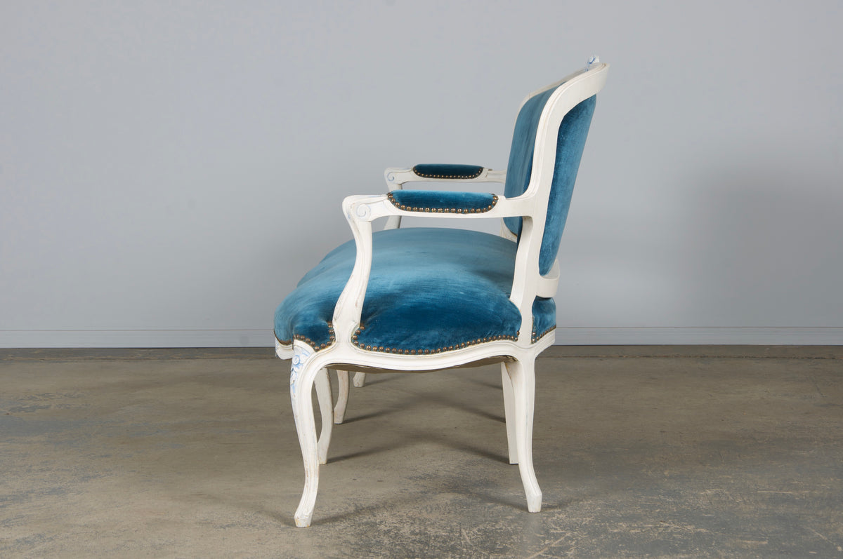 French Louis XV Style Painted Settee in Blue Velvet