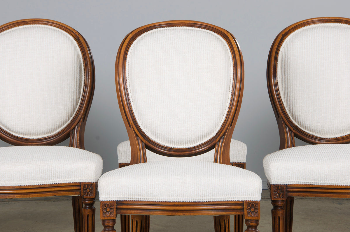 French Louis XVI Style Maple Dining Chairs in White Chenille - Set of 6