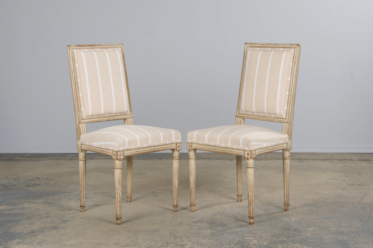 19th Century French Louis XVI Style Square Back Painted Dining Chairs W/ Off-White Stripe - Set of 4