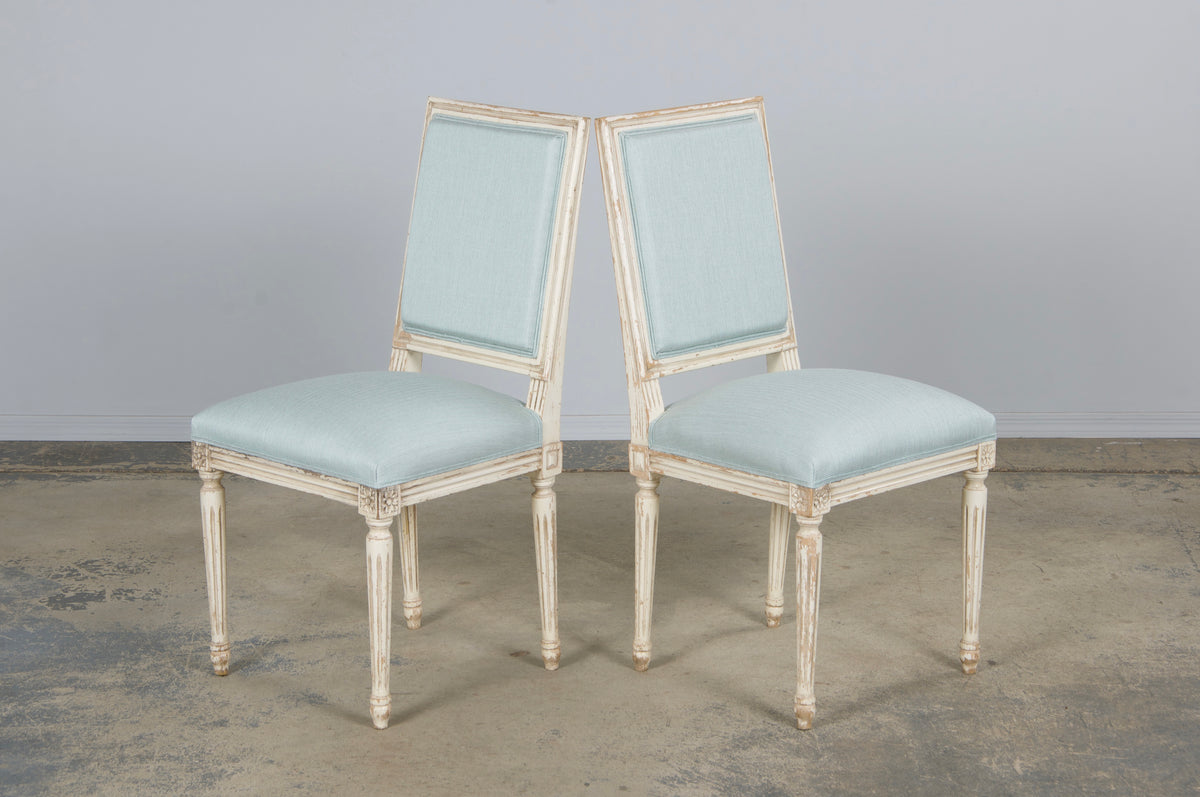 Antique French Louis XVI Painted Accent Chairs in Light Blue - A Pair