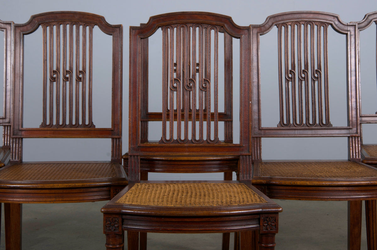 Antique French Louis XVI Style Maple Dining Chairs W/ Cane Seats - Set of 6