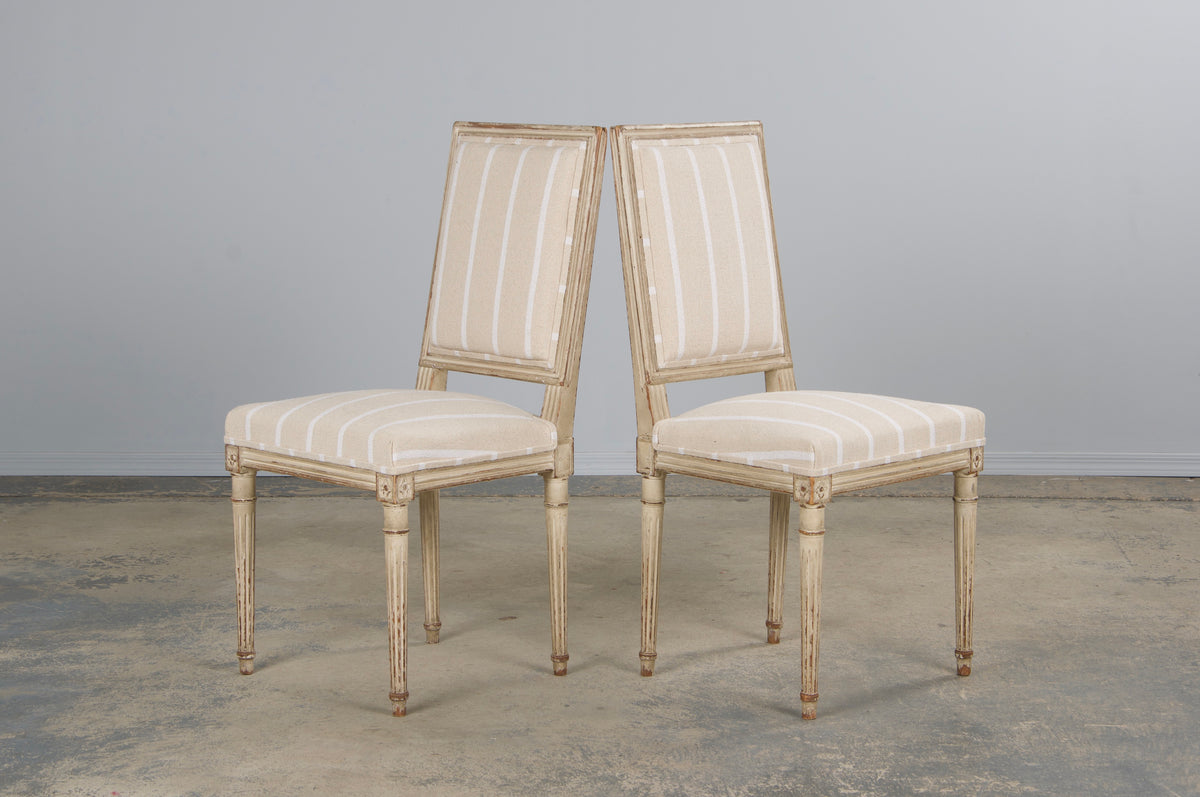 19th Century French Louis XVI Style Square Back Painted Dining Chairs W/ Off-White Stripe - Set of 4