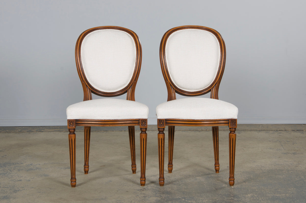 French Louis XVI Style Maple Dining Chairs in White Chenille - Set of 6