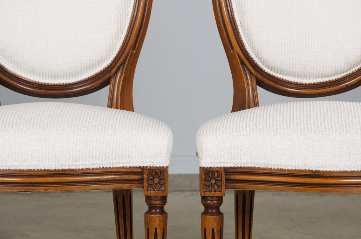 French Louis XVI Style Maple Dining Chairs in White Chenille - Set of 6