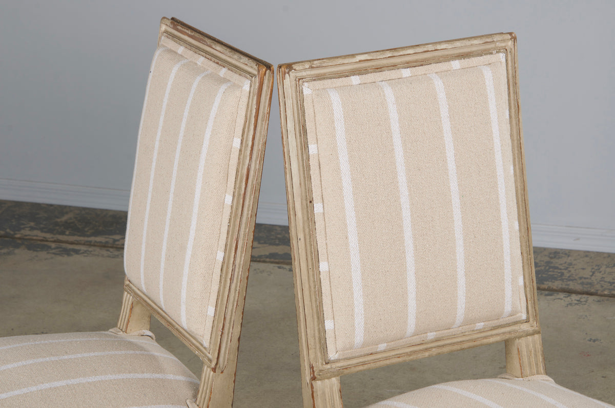 19th Century French Louis XVI Style Square Back Painted Dining Chairs W/ Off-White Stripe - Set of 4