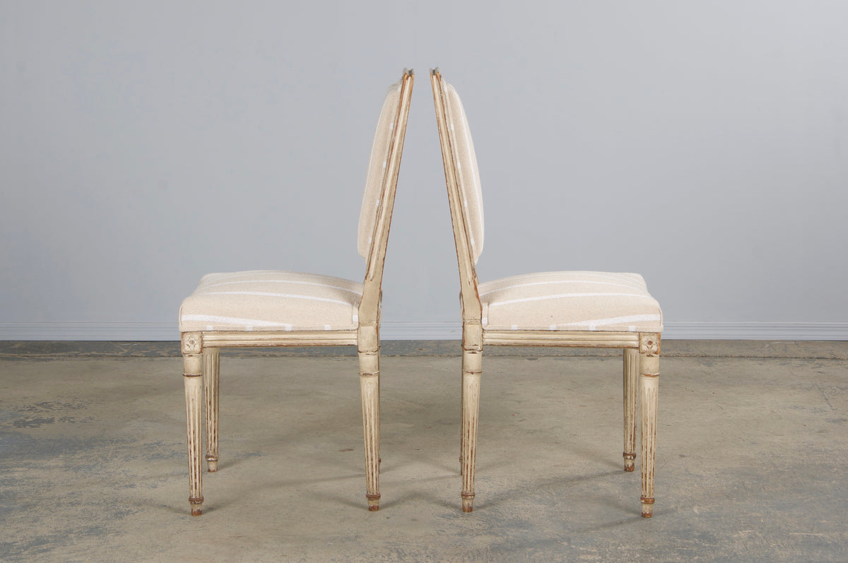 19th Century French Louis XVI Style Square Back Painted Dining Chairs W/ Off-White Stripe - Set of 4