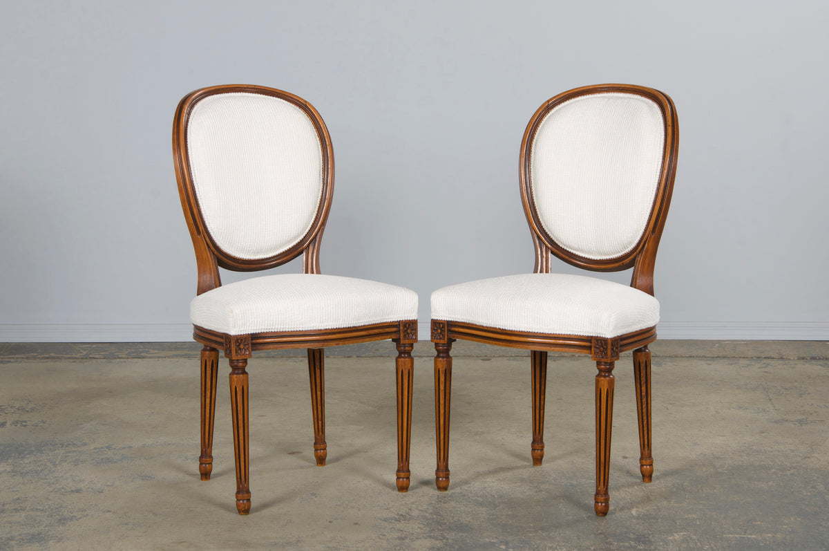 French Louis XVI Style Maple Dining Chairs in White Chenille - Set of 6