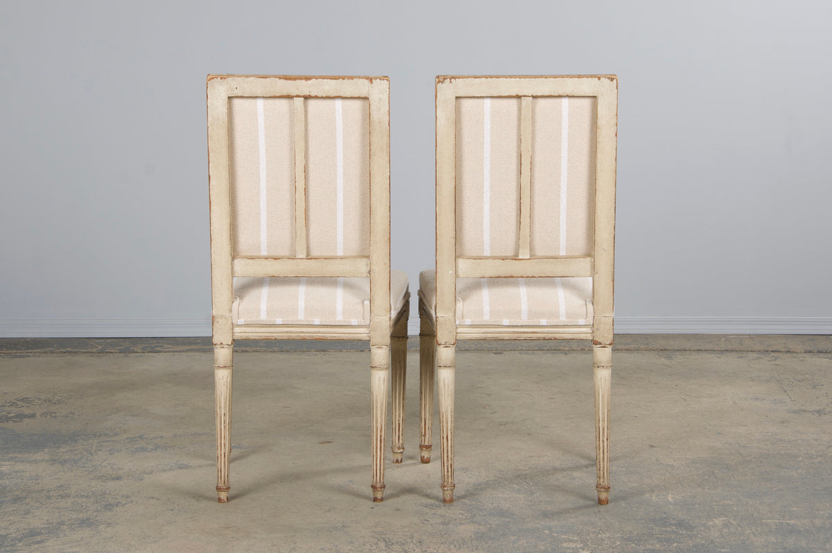 19th Century French Louis XVI Style Square Back Painted Dining Chairs W/ Off-White Stripe - Set of 4