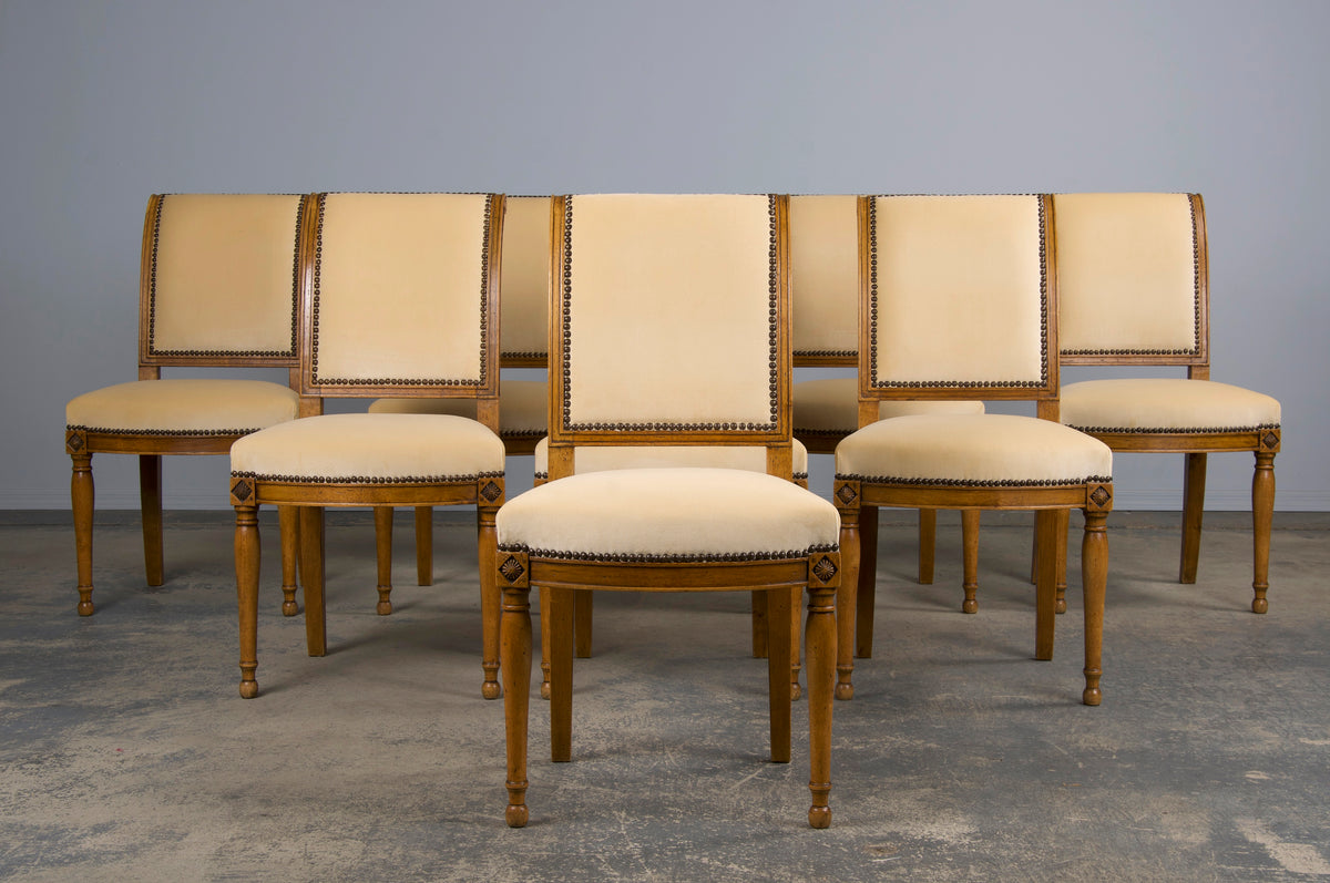 Antique French Directoire Style Walnut Dining Chairs W/ Butter Cream Velvet - Set of 8