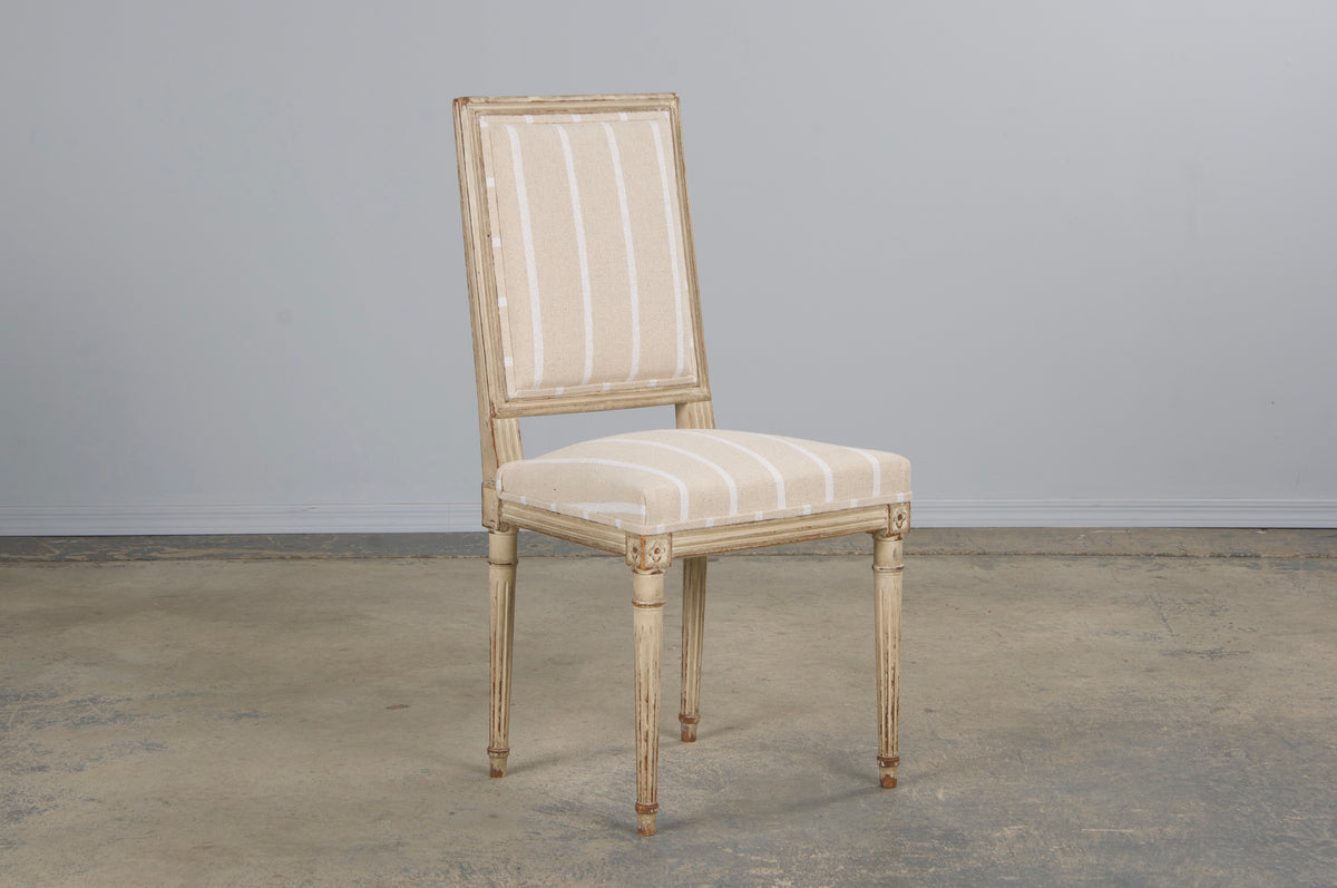 19th Century French Louis XVI Style Square Back Painted Dining Chairs W/ Off-White Stripe - Set of 4