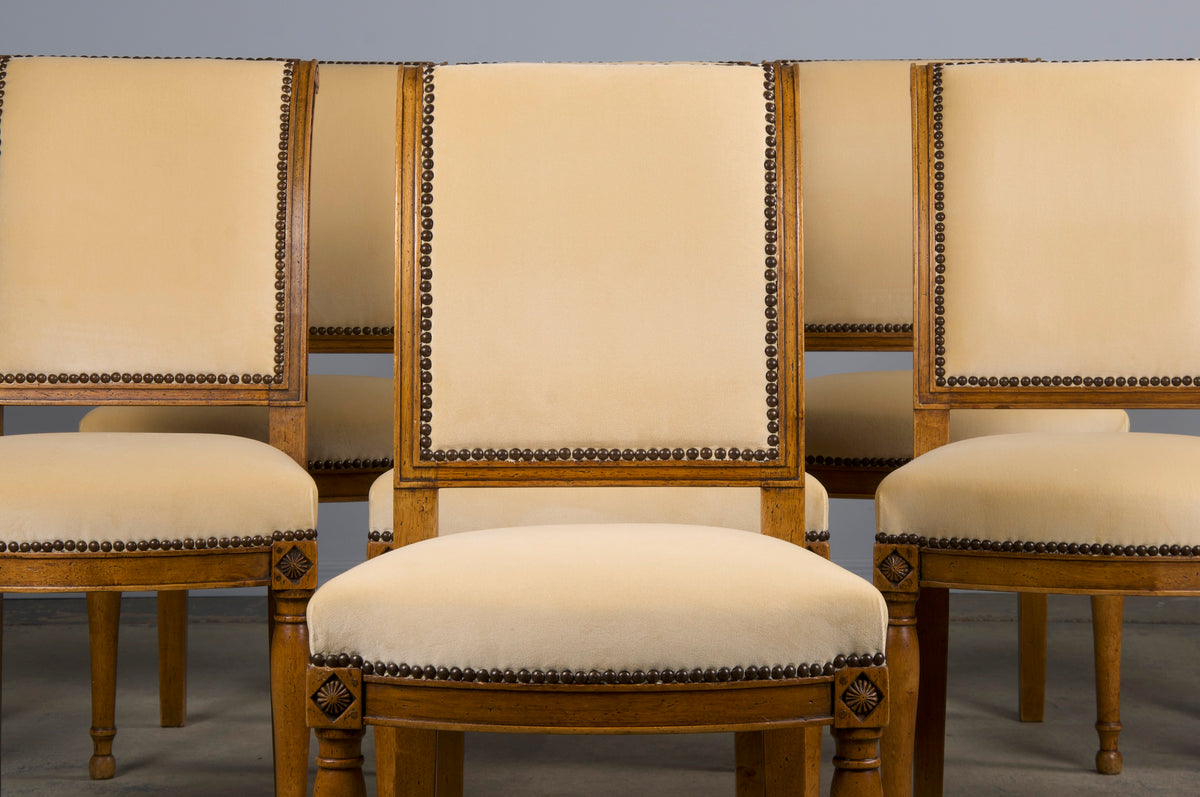 Antique French Directoire Style Walnut Dining Chairs W/ Butter Cream Velvet - Set of 8