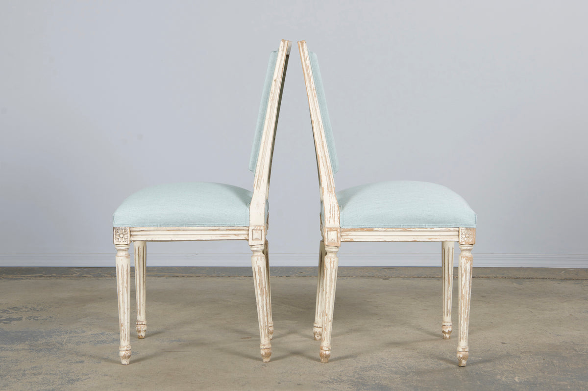 Antique French Louis XVI Painted Accent Chairs in Light Blue - A Pair