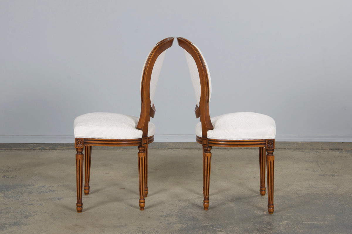 French Louis XVI Style Maple Dining Chairs in White Chenille - Set of 6