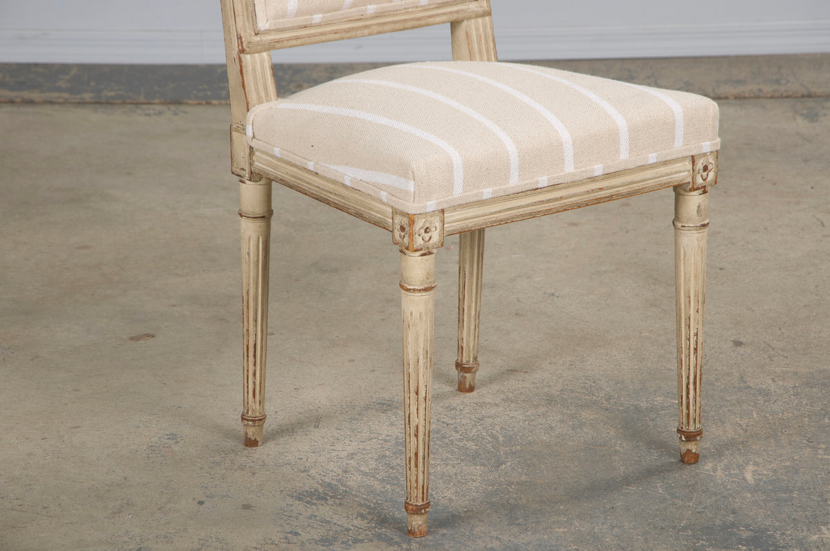 19th Century French Louis XVI Style Square Back Painted Dining Chairs W/ Off-White Stripe - Set of 4