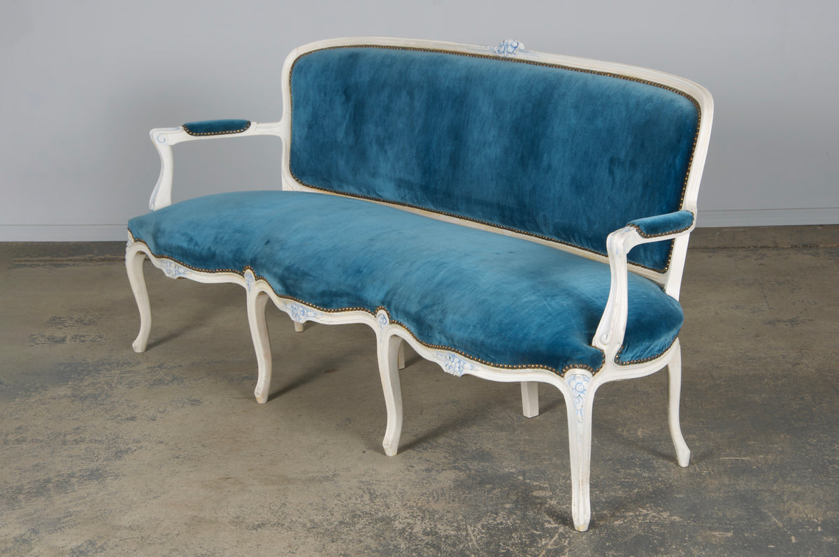 French Louis XV Style Painted Settee in Blue Velvet