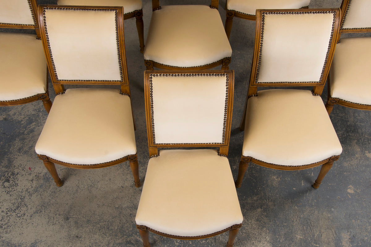 Antique French Directoire Style Walnut Dining Chairs W/ Butter Cream Velvet - Set of 8