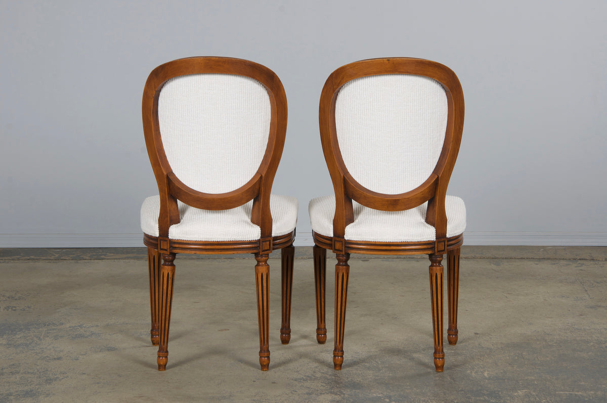 French Louis XVI Style Maple Dining Chairs in White Chenille - Set of 6