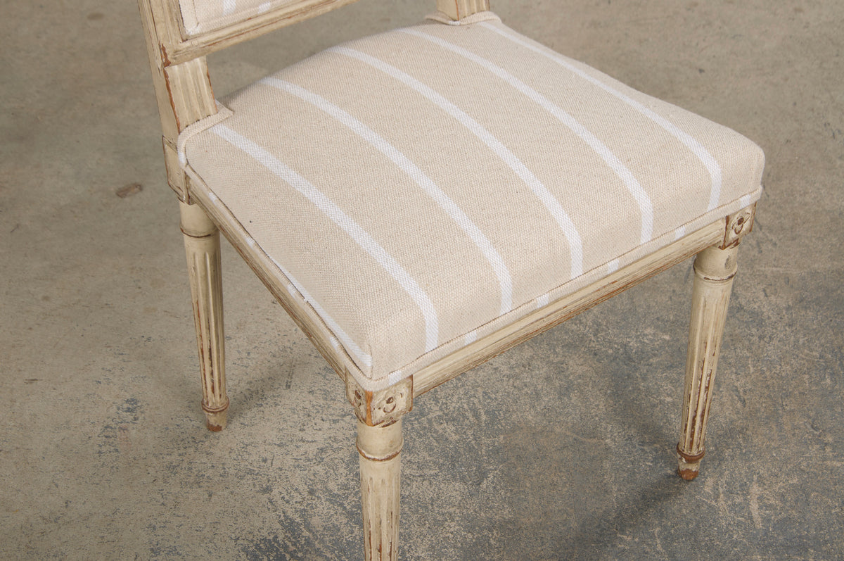 19th Century French Louis XVI Style Square Back Painted Dining Chairs W/ Off-White Stripe - Set of 4