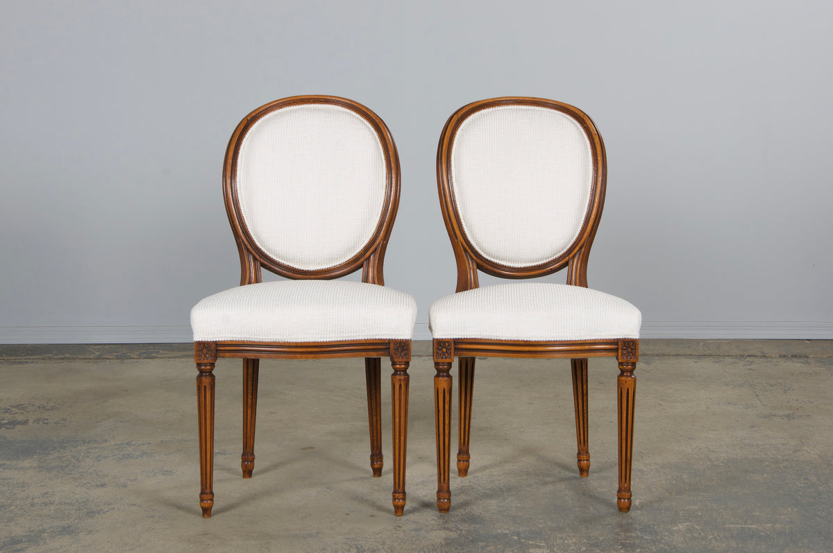 French Louis XVI Style Maple Dining Chairs in White Chenille - Set of 6