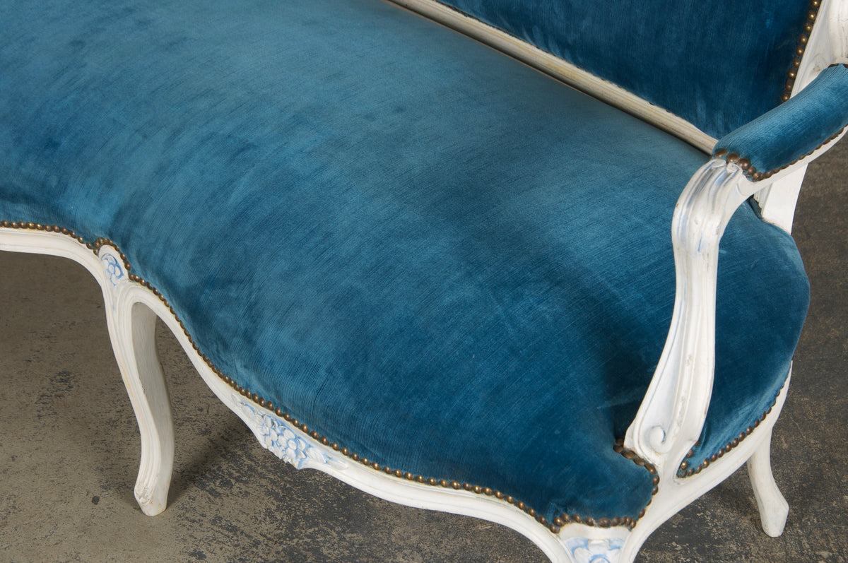 French Louis XV Style Painted Settee in Blue Velvet
